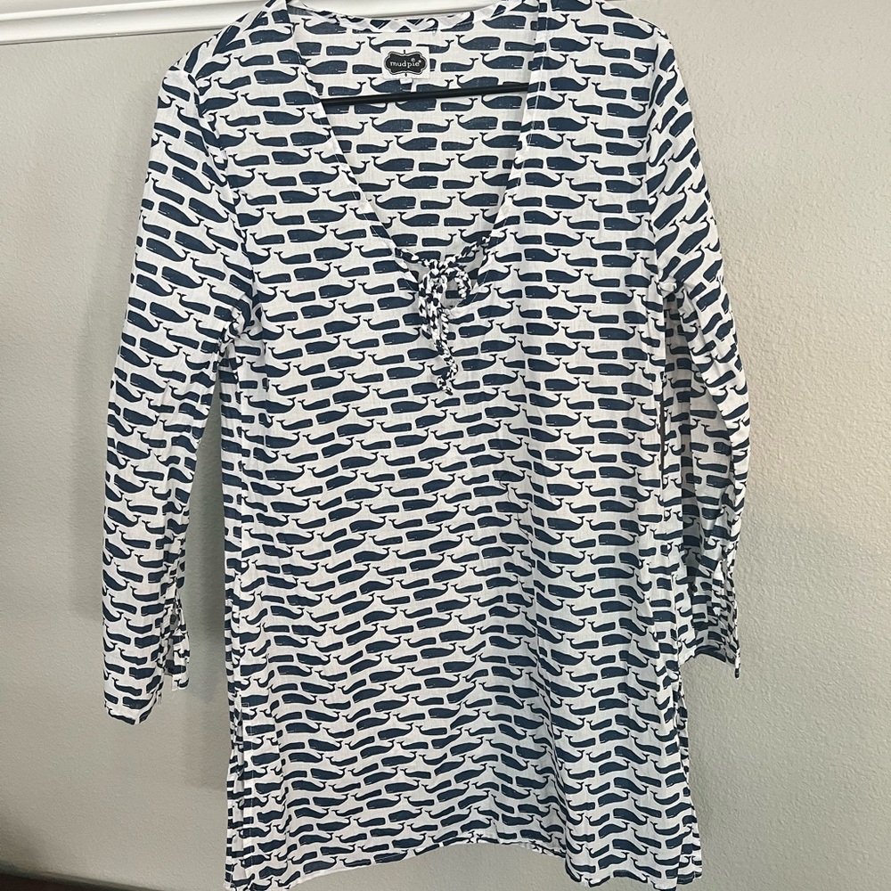 Mud Pie Navy and White Whale Print Coverup Whales 🐳